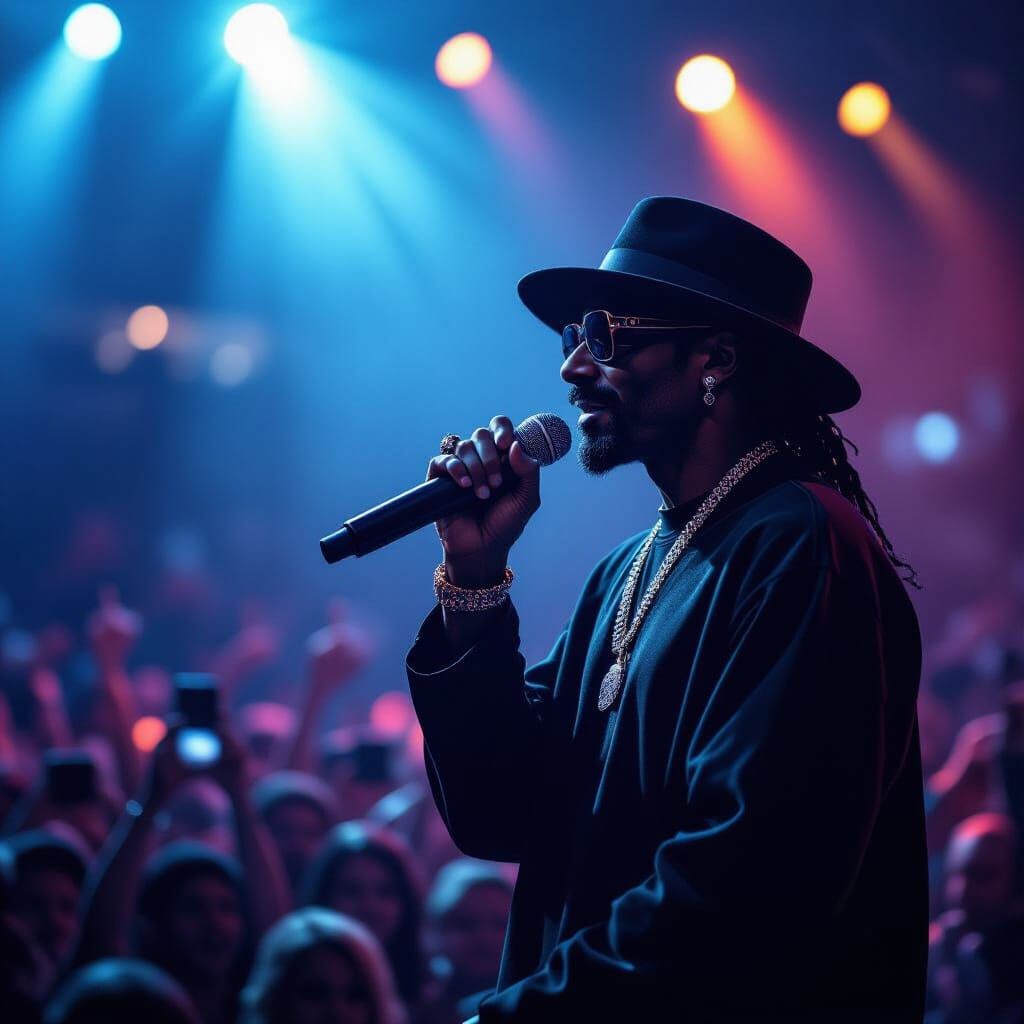 Snoop Dogg Silhouette on Stage Under Dramatic Lights