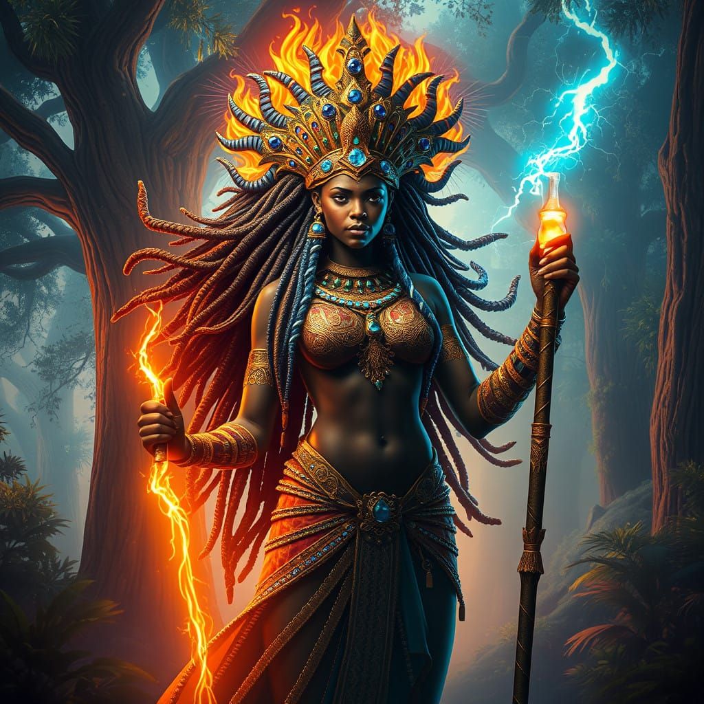 Majestic African Goddess Rises from Mystical Forest
