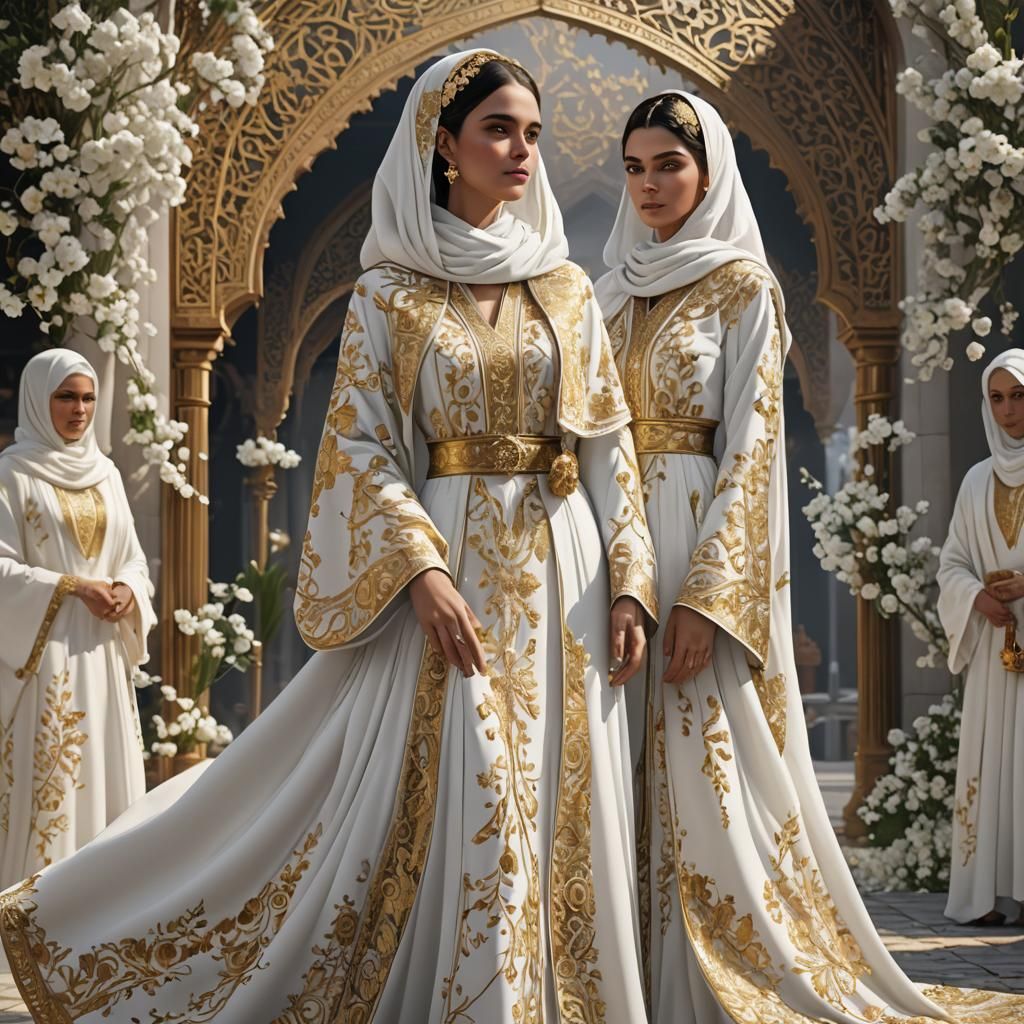 Elegant White and Gold Wedding Abayas: Floral Embroidery
