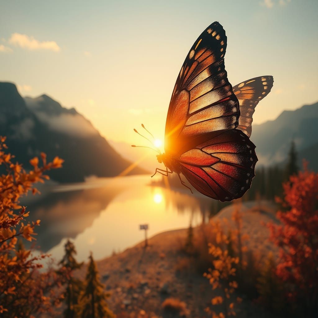 Butterfly and Autumn Landscape in Double Exposure