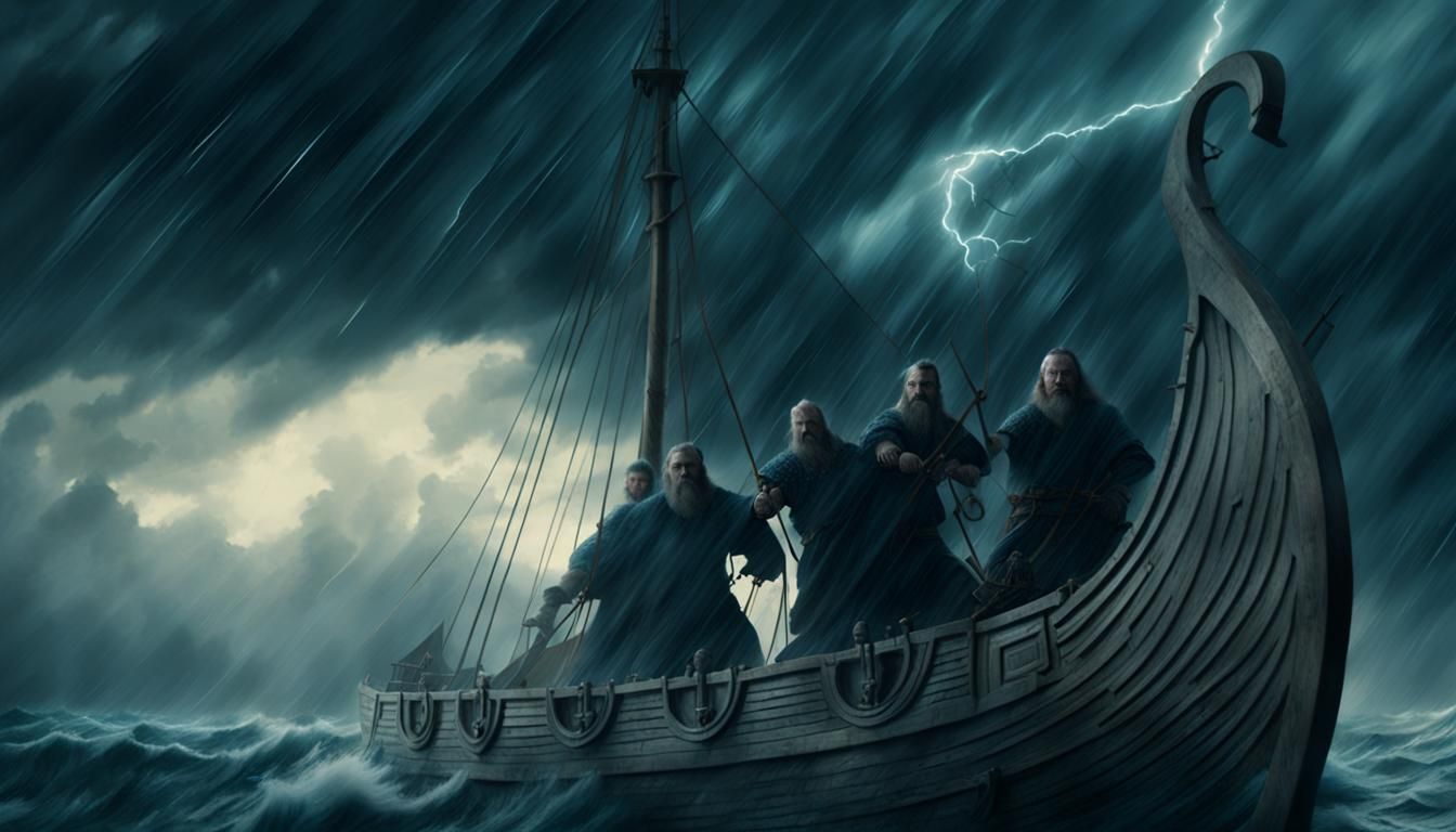 Viking Ship Amidst Stormy Seas: Oil Painting