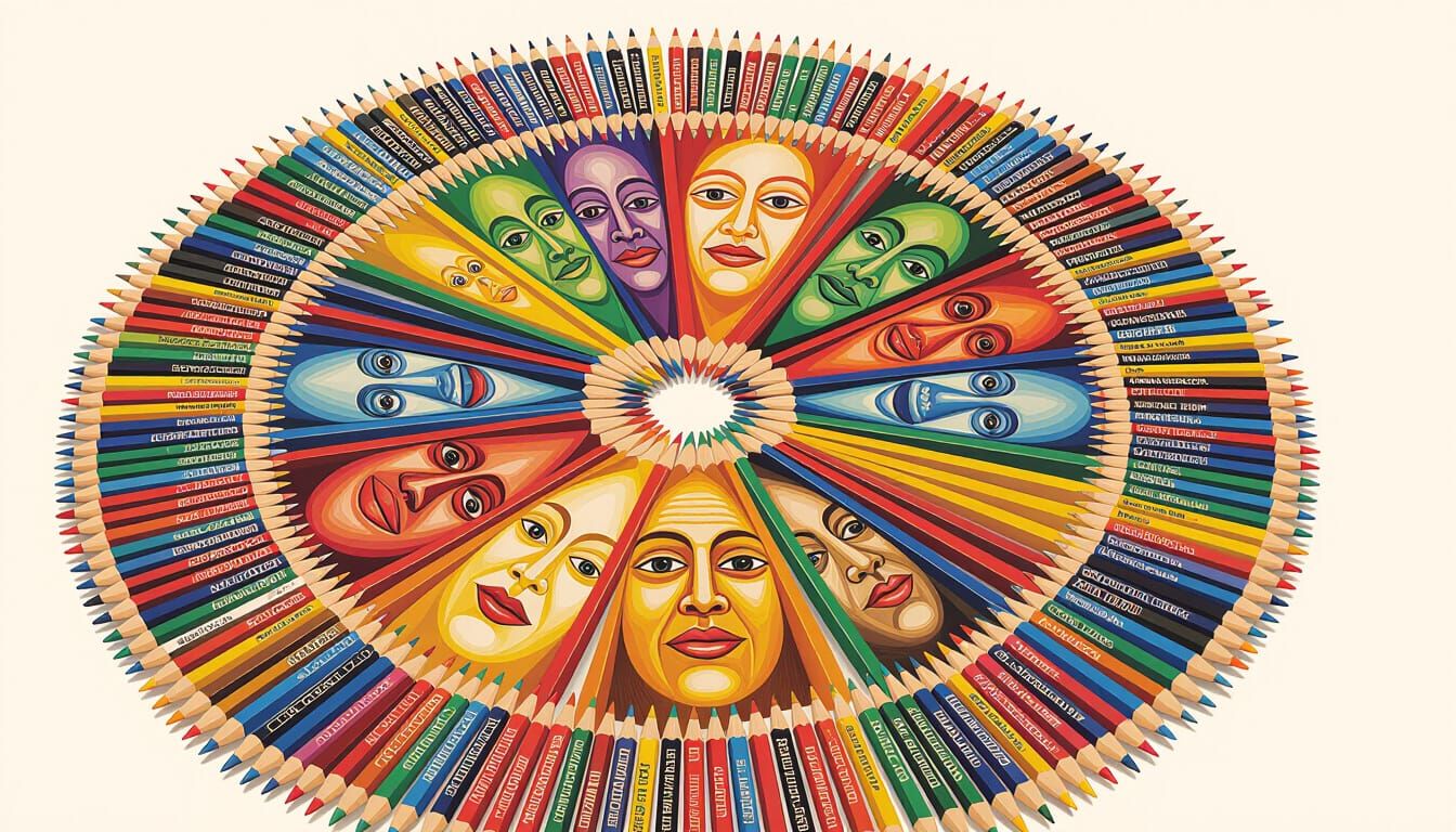 Faces Carved in Colored Pencils on Artist's Desk