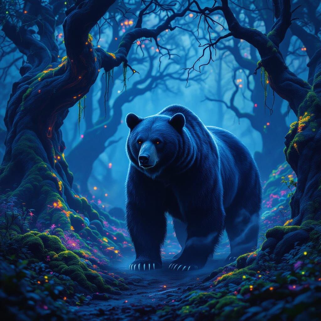 Spectral Bear in Bioluminescent Forest Matte Painting