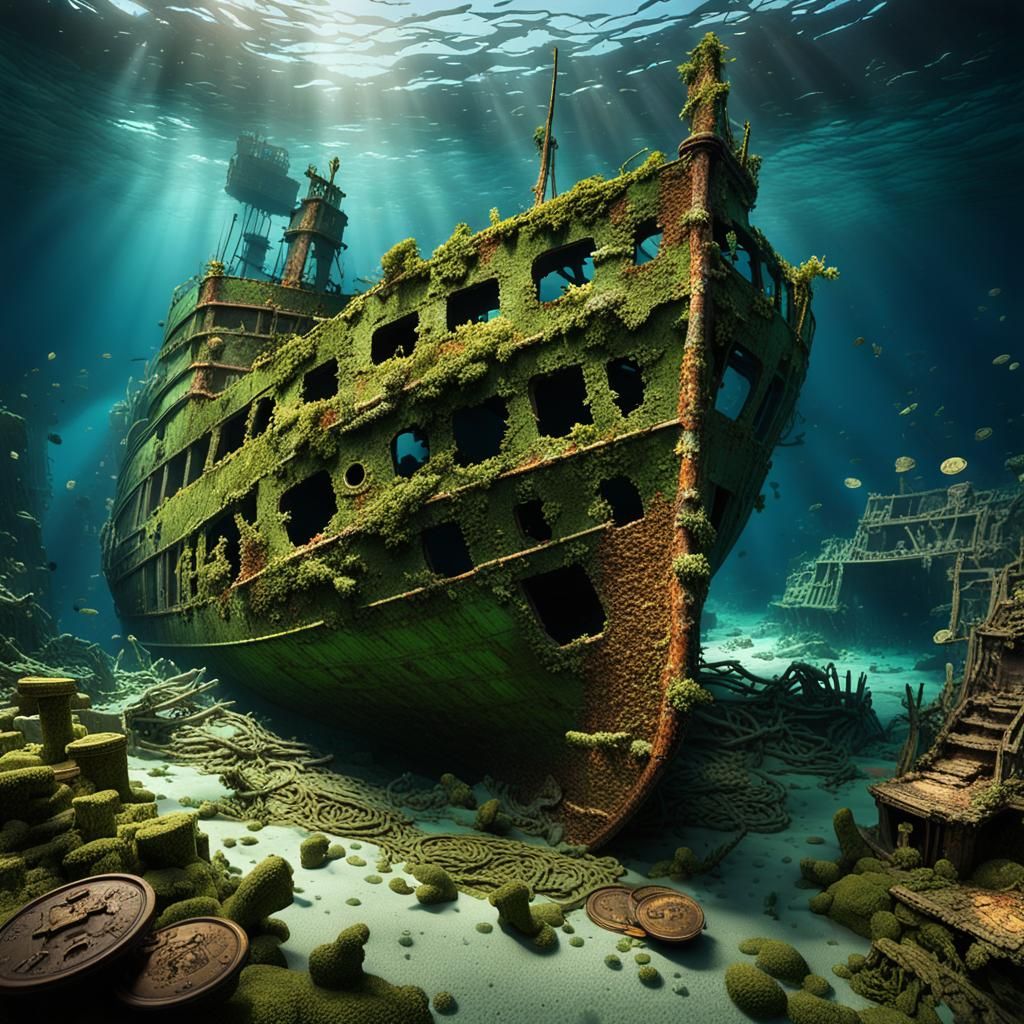 Underwater Shipwreck Scene with Sunken Treasure