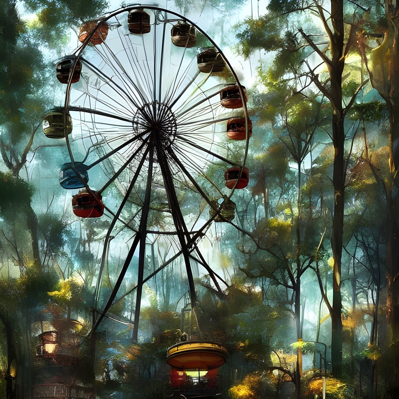 Overgrown Ferris Wheel with Towering Tree