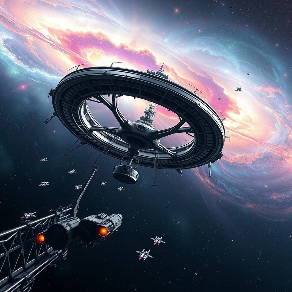 Circular Space Station Surrounded by Starships in a Cosmic B...