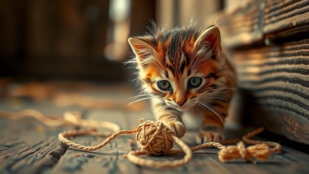 Kitten's Playful Moment in Rustic Barn