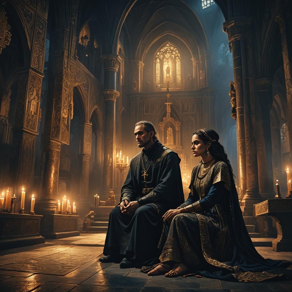 Dark Priest and Gypsy Woman in Mystical Church