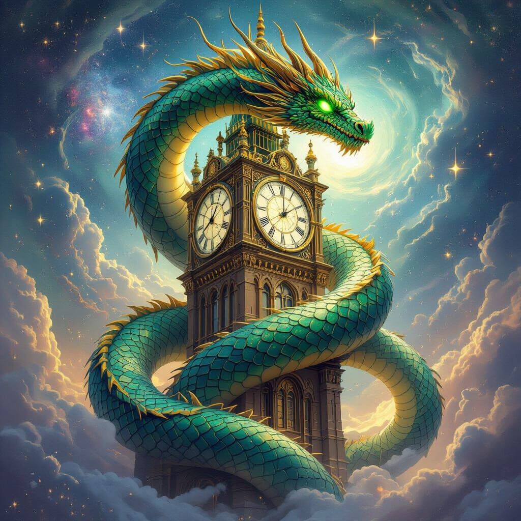 Cosmic Dragon Coiled Around Clock Tower