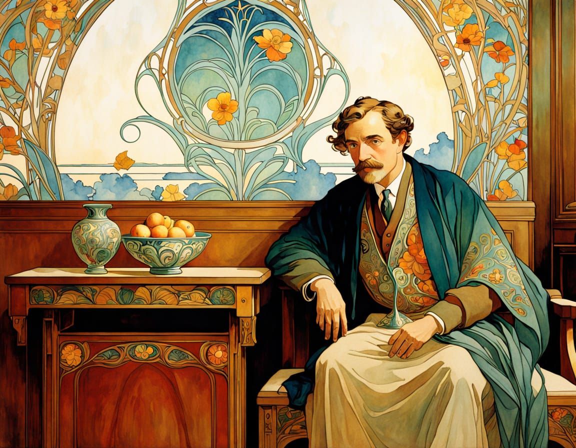 Masterpiece of Art Nouveau Style, Soft Watercolor Portrait