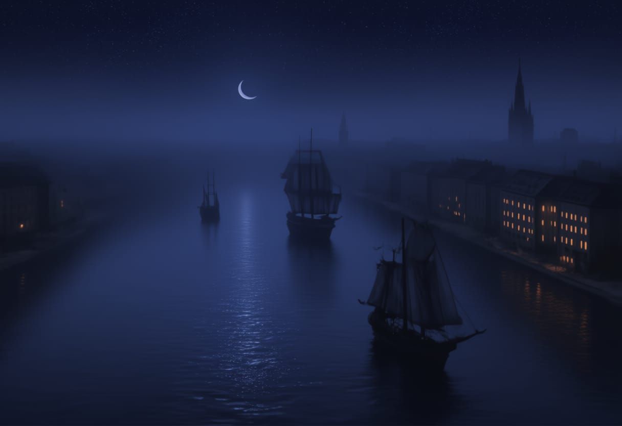 Transform this scene into a calm, atmospheric nighttime view