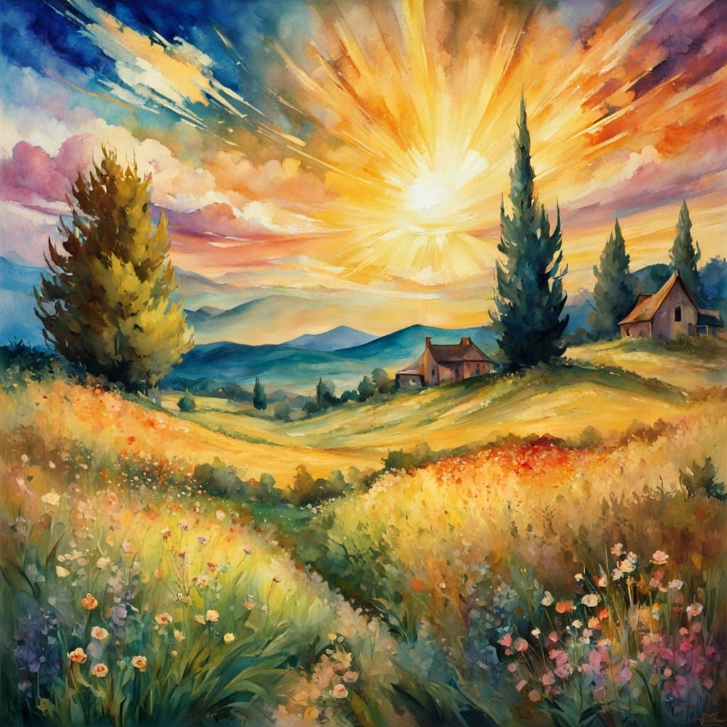 Golden Cat Explores Lush Meadow in Watercolor Style