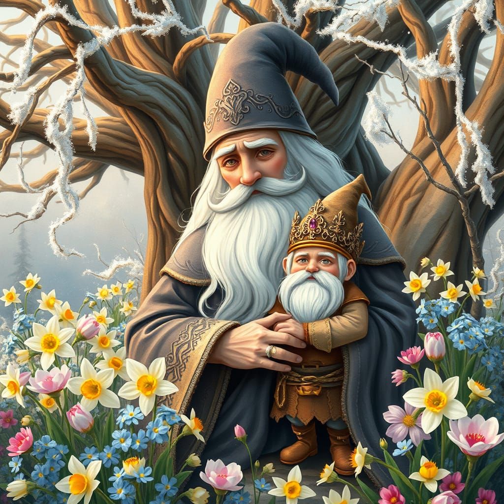 Whimsical Wizard Embraces Wise King Gnome in Vibrant Floral ...