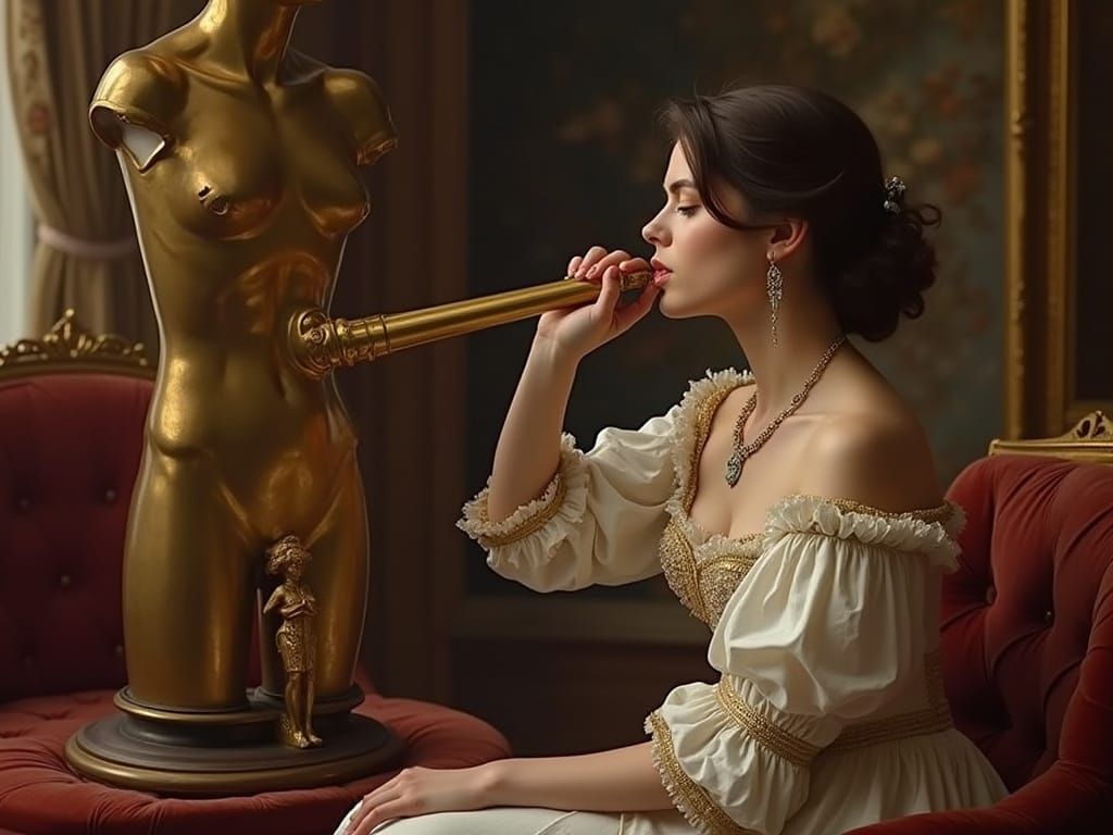 Georgian Woman with Adonis Statue, Oil Painting