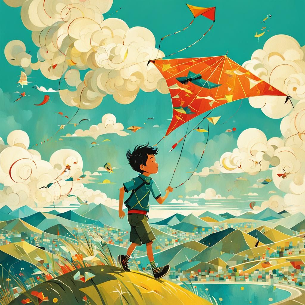 Boy Flying Kite on Hilltop in Victo Ngai Style