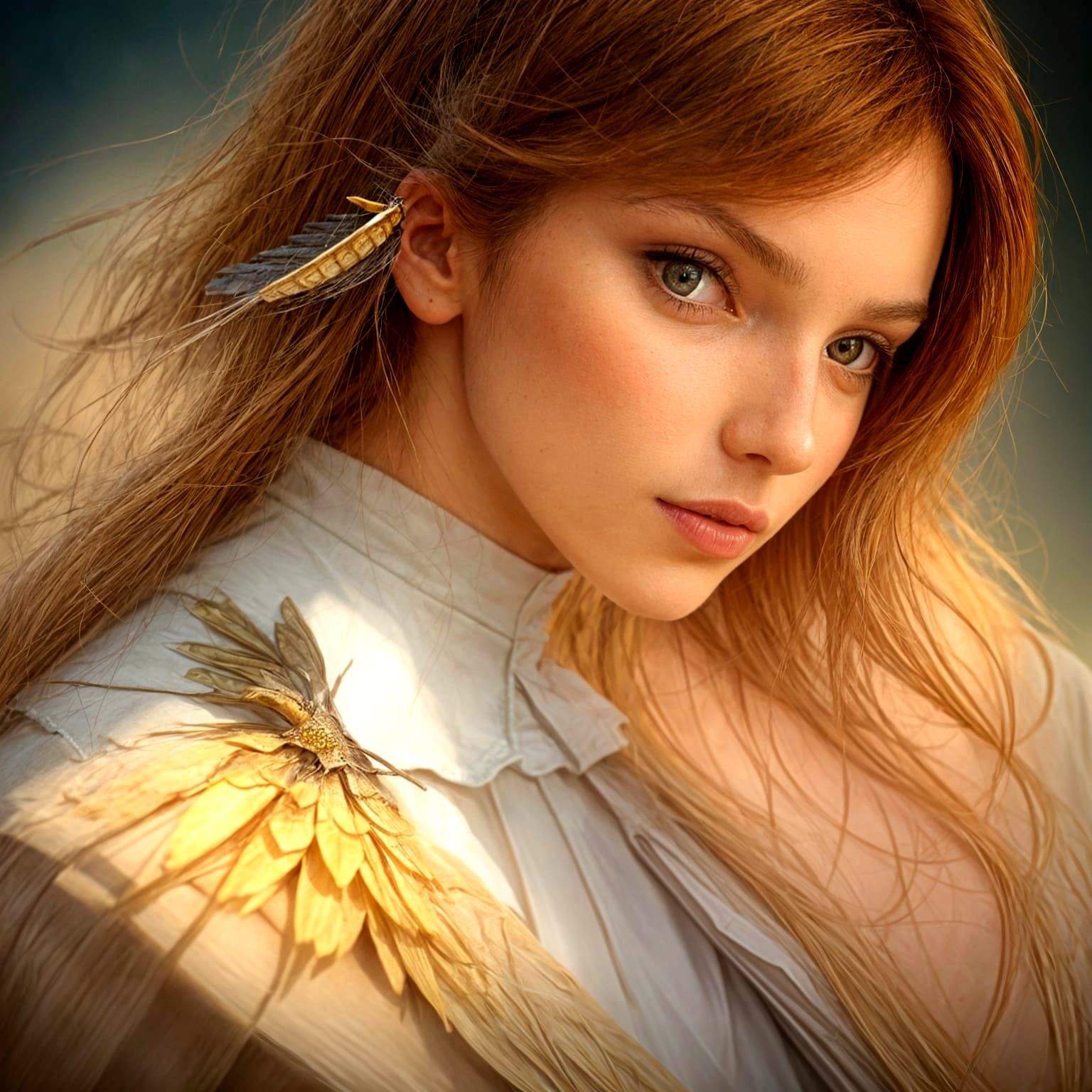 Girl With Red Hair Feeding Sparrows