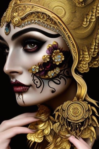 Goddess of Death with Gold Skull, Arthur Rackham Style