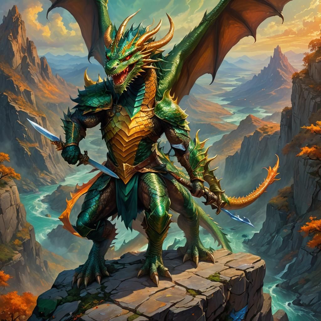 Battle-Ready Dragon Man Overlooking Mystical Realm as Oil Pa...