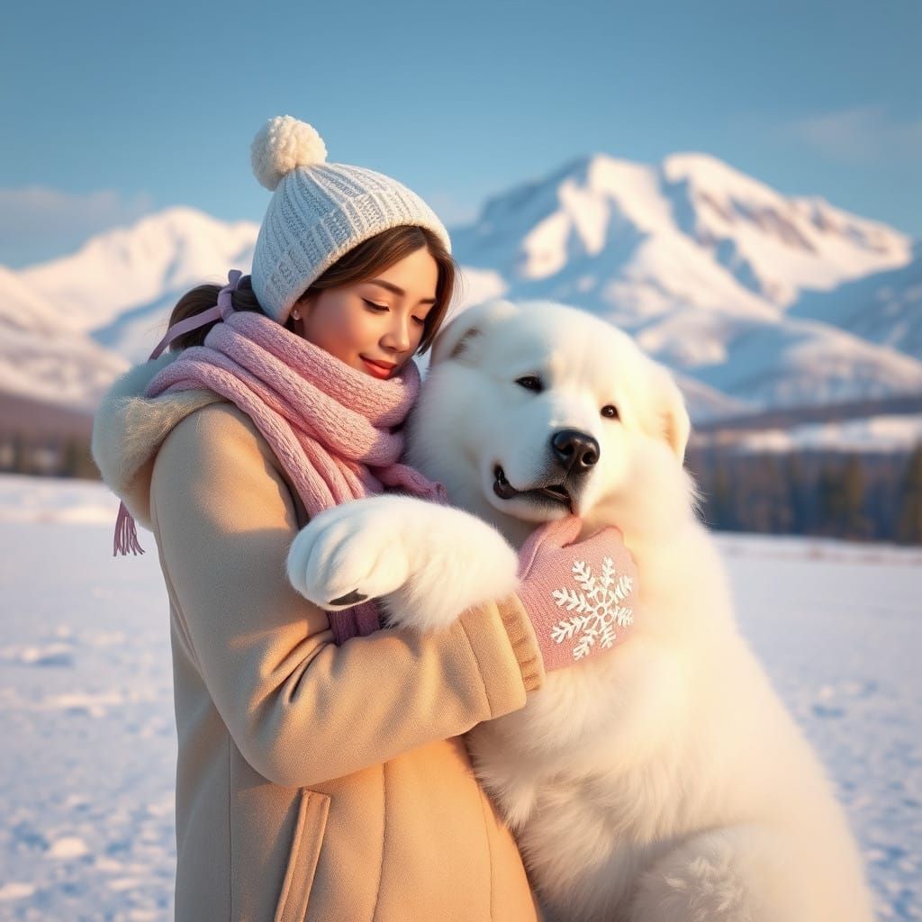 Young Woman Cuddles Fluffy Great Pyrenees in Snowy Winter Wo...