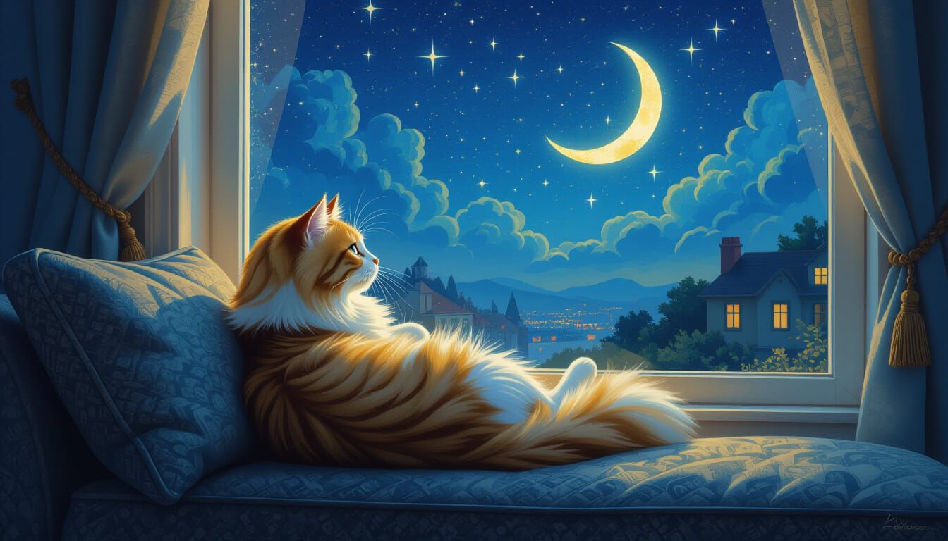 Fantastical Cat Gazes at Starry Night Fairyland