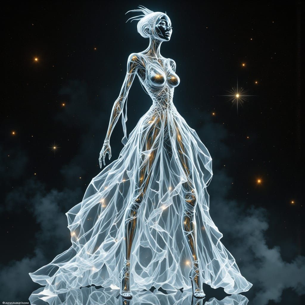 Elegant Black Cyborg Woman in Crystal Dress with Starry Back...
