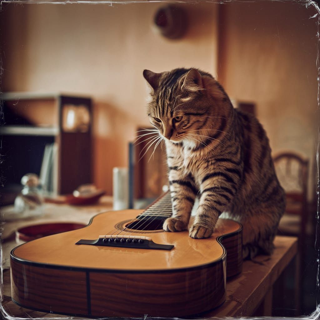 Playful Cat Plucking Guitar Strings on Table