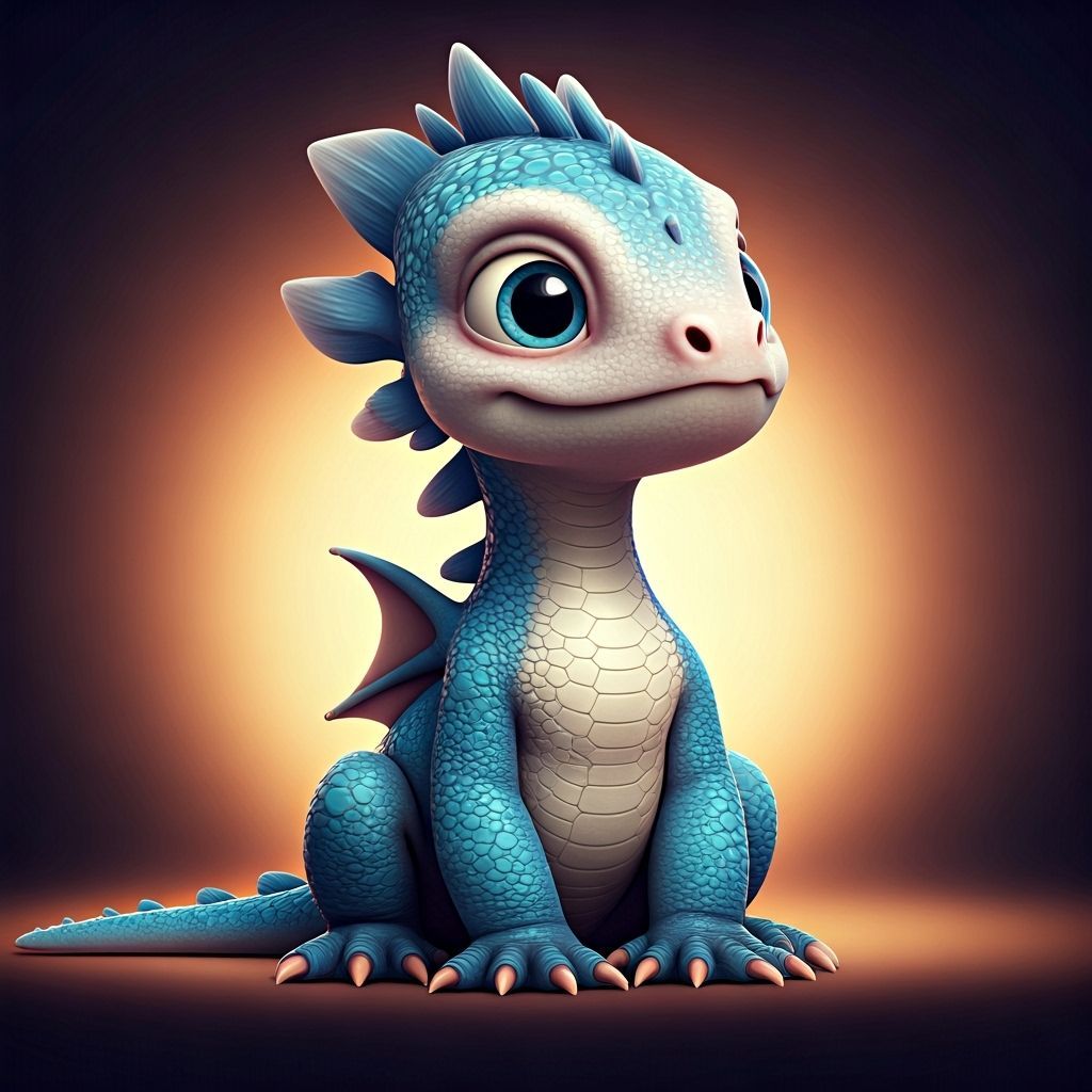Adorable Blue and White Baby Dragon in 3D Digital Art Style