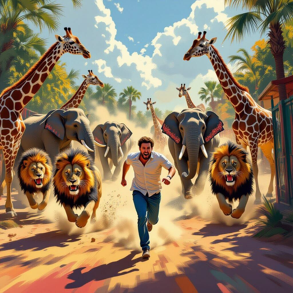 Man Flees Terrified From Stampeding Zoo Animals