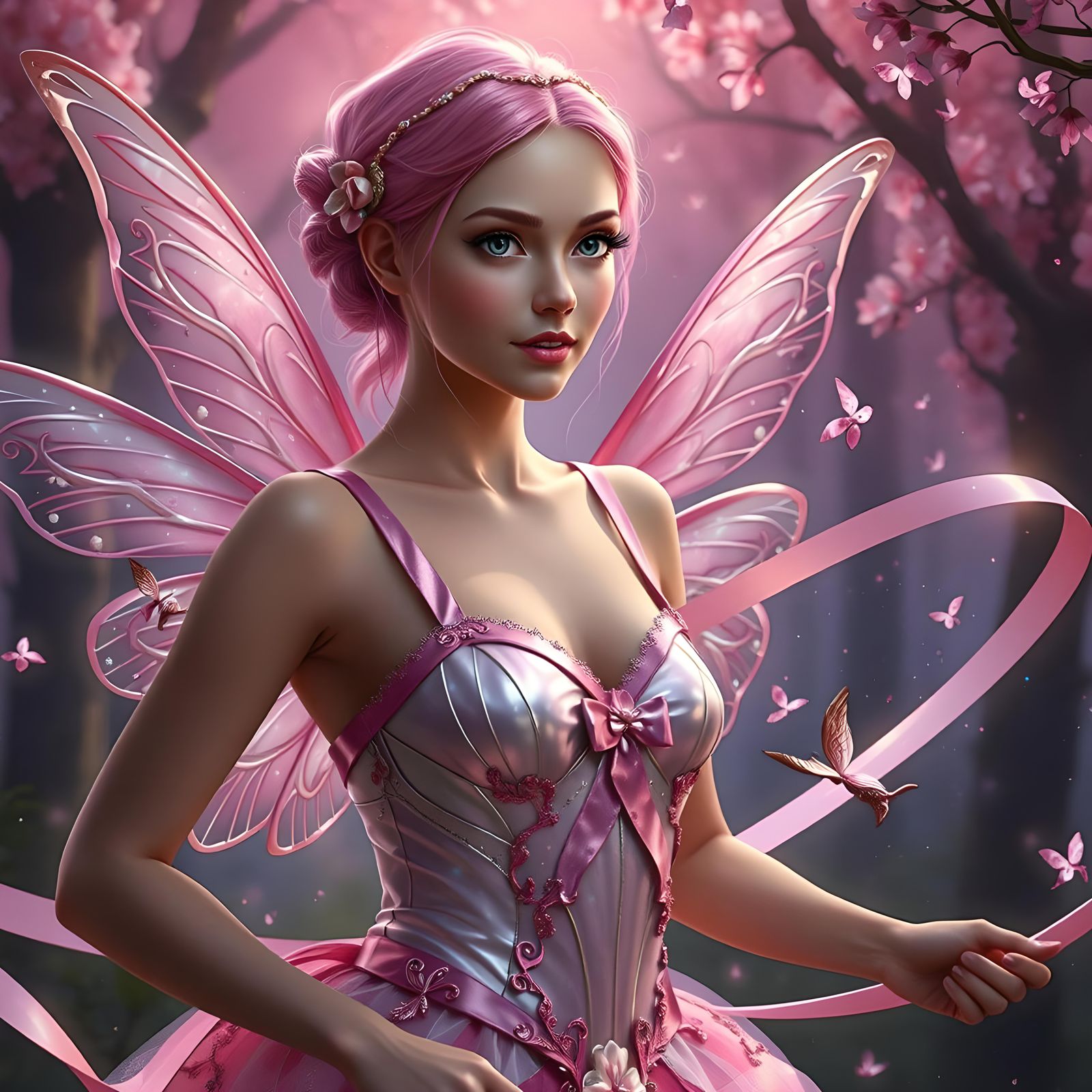 Pink Fairy Adorned with Cancer Awareness Ribbon