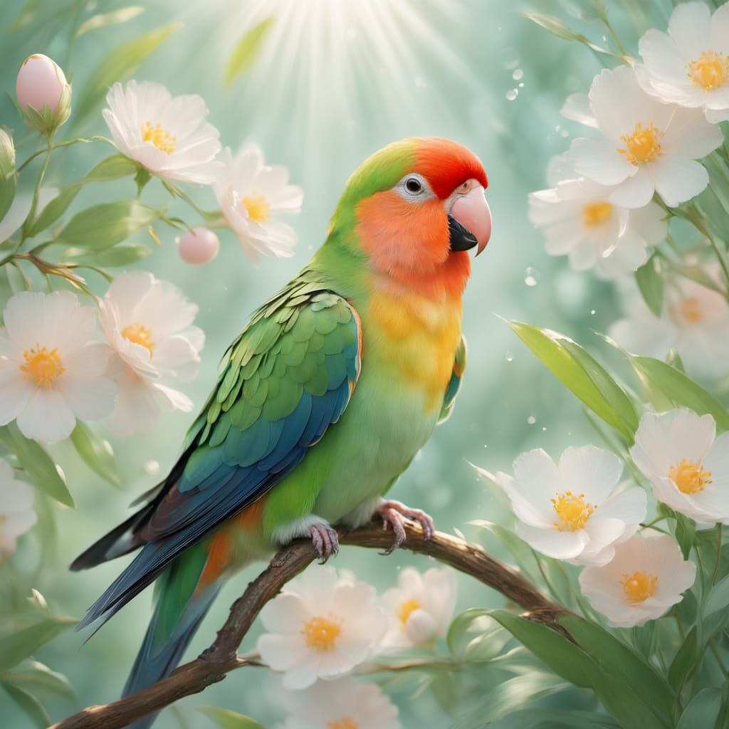 Impressionist painting. Soft focus. A lovebird's delicate feathers and painted eggs nestled in a sun-dappled nest. Paste...
