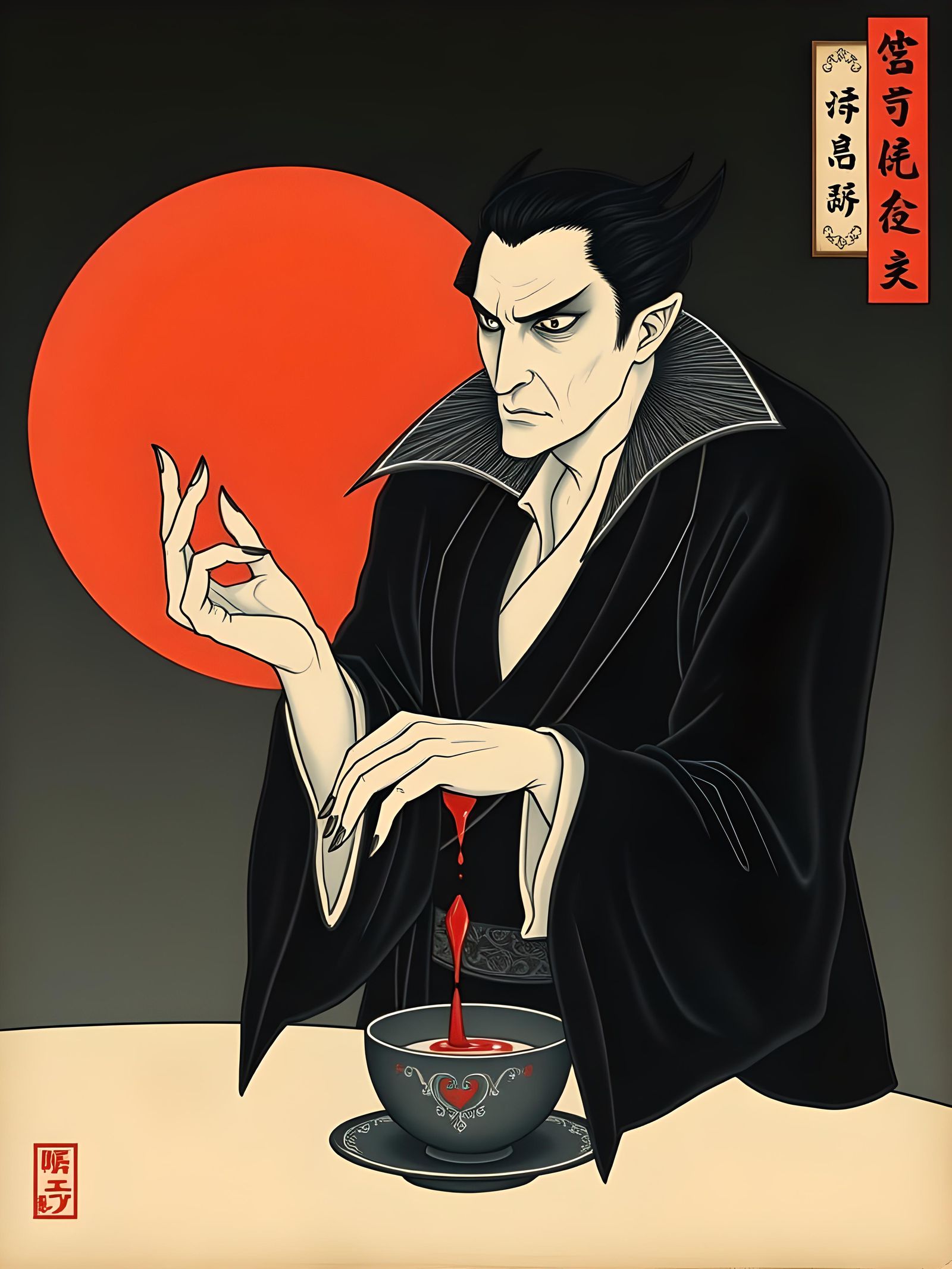Vampire in Teacup: Ukiyo-e Style Dark Art