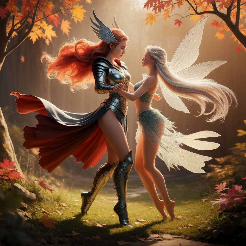 Valkyrie and Fairy Dance in Enchanting Forest