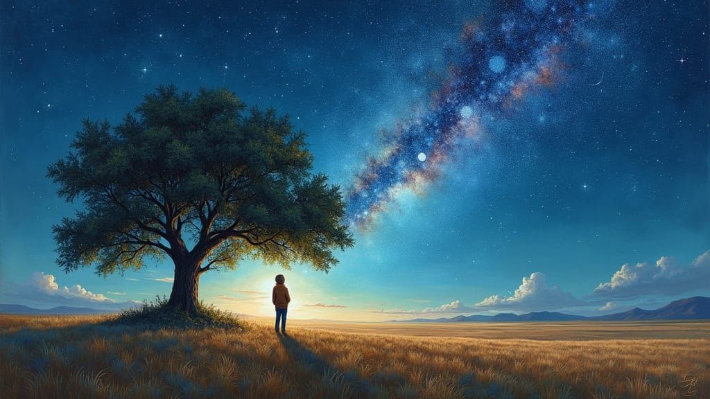 Prairie Galaxy: Hand-Drawn Oil Painting of Starry Night