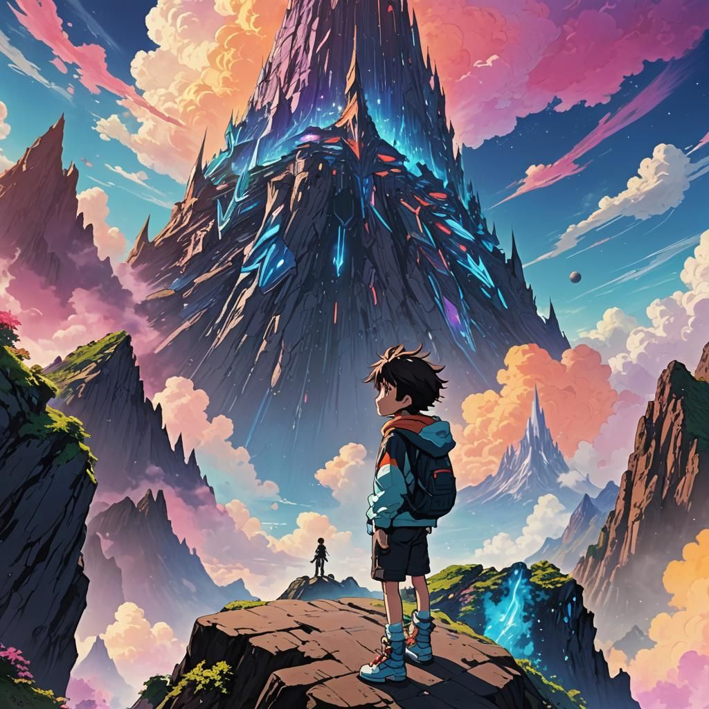 Anime Boy Gazing at Futuristic Space Mountain