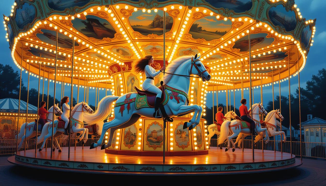 Mythical Horse Leaps From Carousel in Painterly Fantasy Scen...
