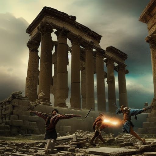 Epic Battle in Ancient Ruins Digital Painting