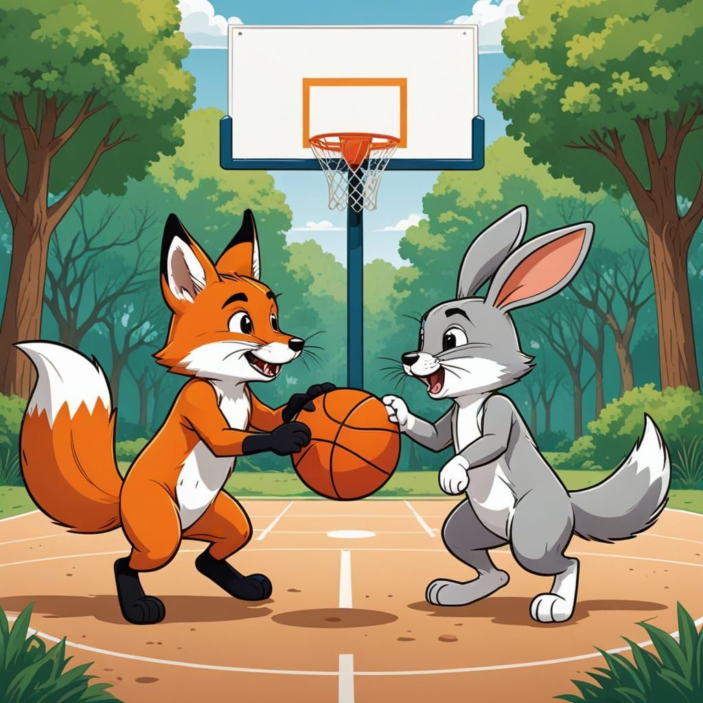 Fox and Rabbit Play Basketball: Comic Book Illustration