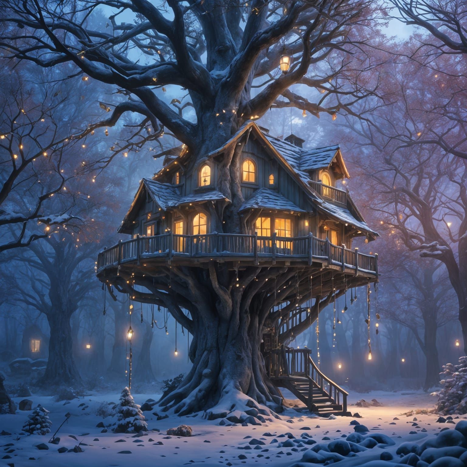 Christmas Treehouse in Snowy Forest, Matte Painting