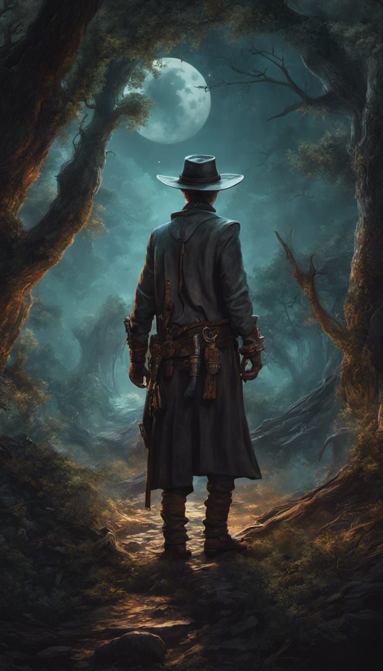 Gunslinger in Moonlit Forest: Fantasy Book Cover Art
