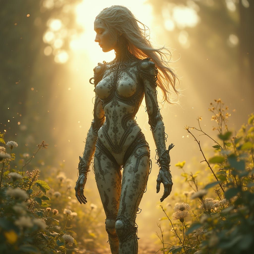 Cyborg Goddess in Whimsical Industrial Paradise