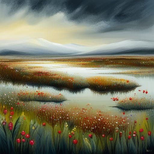 Misty Bog Landscape with Wildflowers by Jane Newland