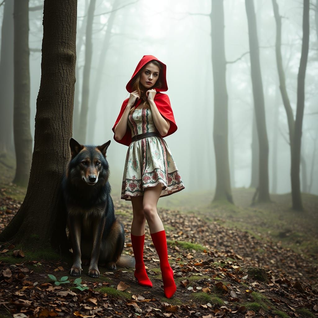 Slender German Model as Little Red Riding Hood in Woodland S...