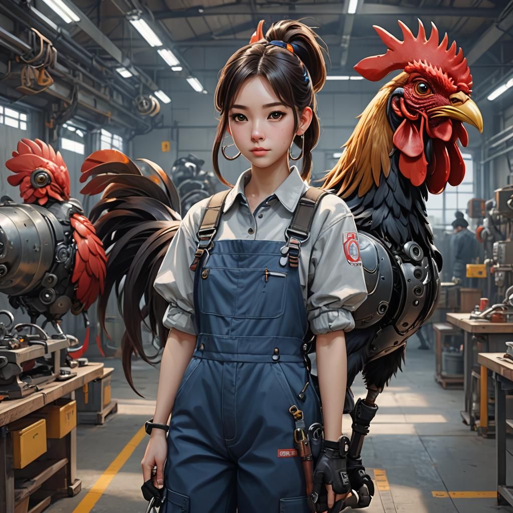Mechanic Repairs Rooster Robot in Anime Style