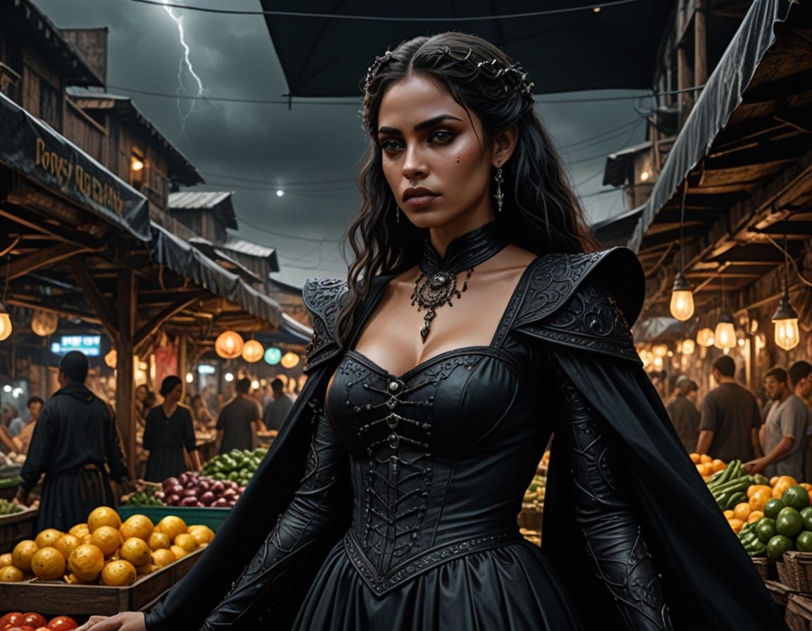 Gothic Raven Queen in Alien Bazaar, Hyperrealism Style