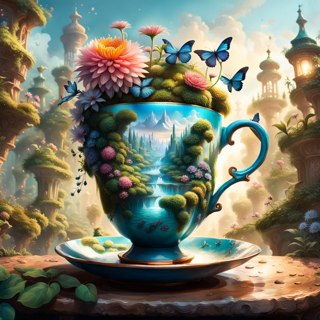 Magical Garden World Emerging from Teacup as Digital Art