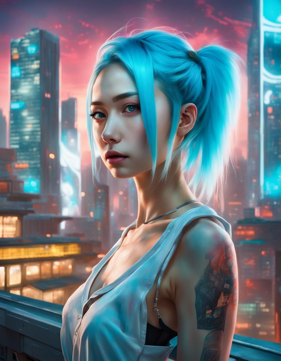 Futuristic Kitsune Girl in Cyberpunk Cityscape