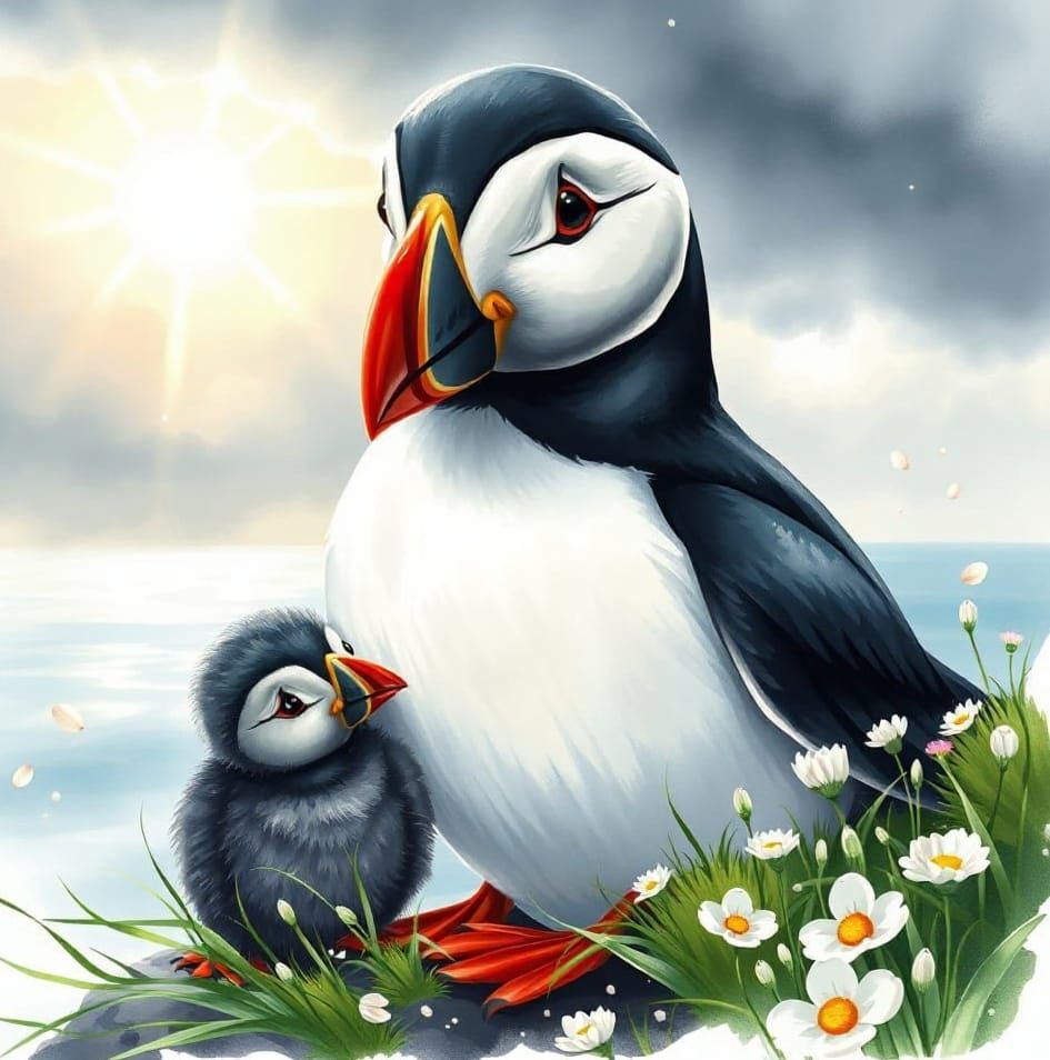 Puffin Mom and Her Puffling