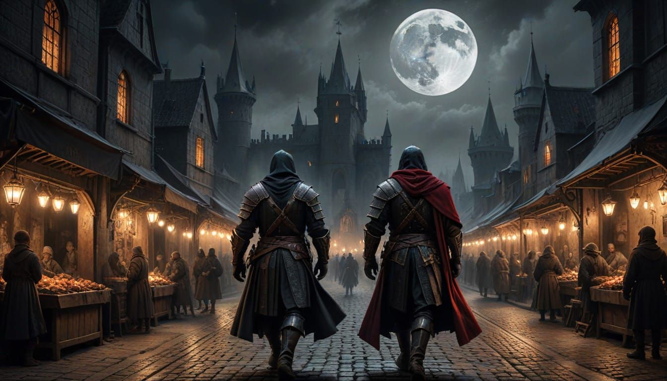 Medieval Warrior King in Gaslit Market under Full Moon