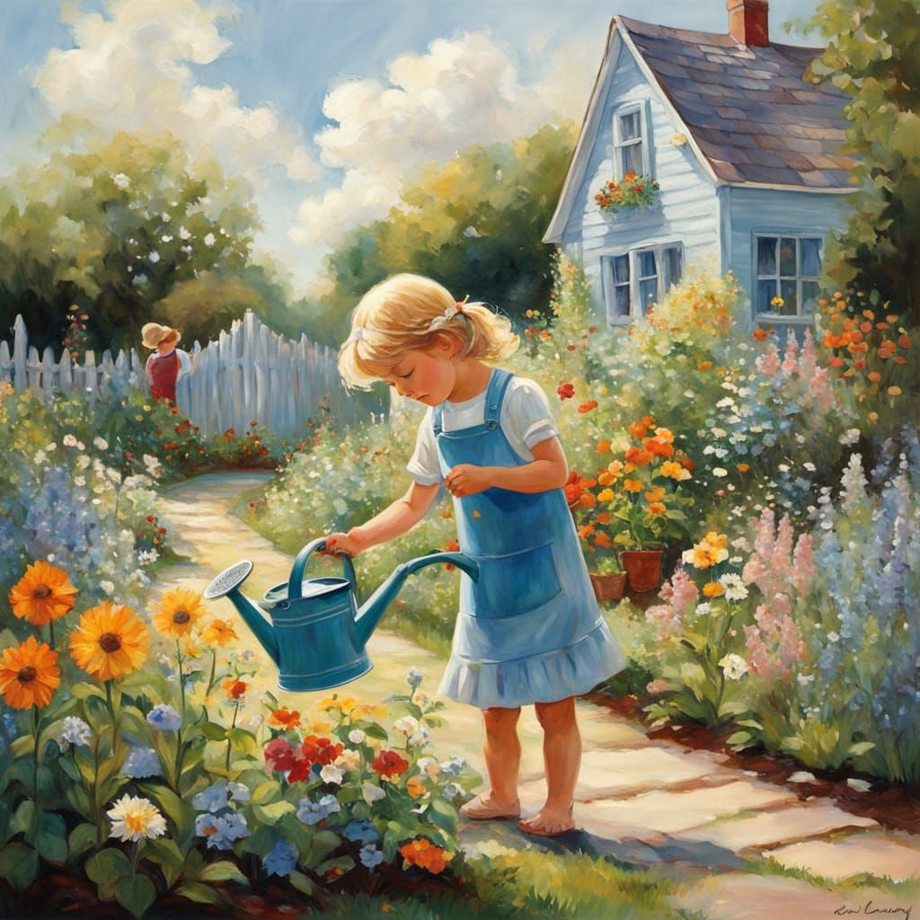 Girl in Garden Corner, Impressionist Oil Painting