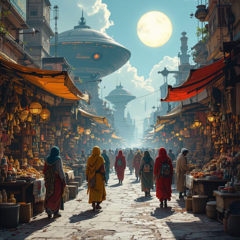 Alien Marketplace Under Twin Suns: Photorealistic Rendering